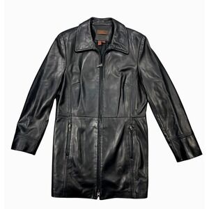 Vtg Danier Leather Coat Womens Large Collared Zip Front Long Jacket Trench Black